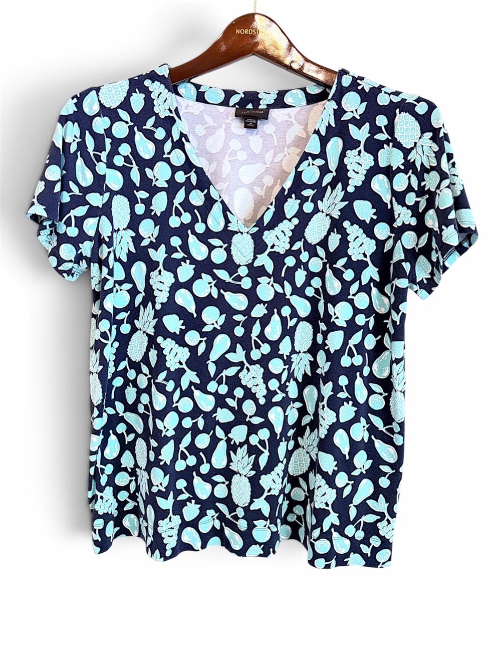 J.Jill V neck tropical fruit print monochromatic Tshirt, aqua and navy blue, M